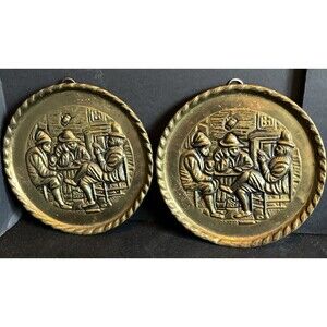 A Pair Of VTG PEERAGE England Embossed Brass Tavern Scene Hanging Wall Plates